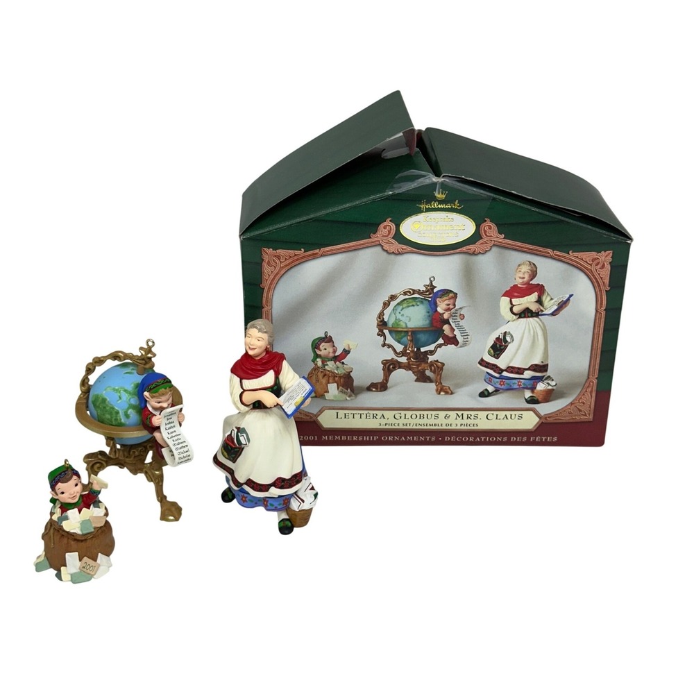 Hallmark Keepsake Lettera Globus Mrs Claus Ornament Set 2001 Collector Club VTG